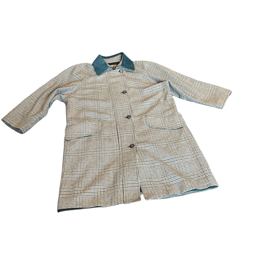 Vintage Wool Blend Suede Collar Taupe & Teal Green Oversized Coat